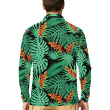 heliconia flower palm monstera leaves black backgr Men's Long Sleeve Polo Shirt