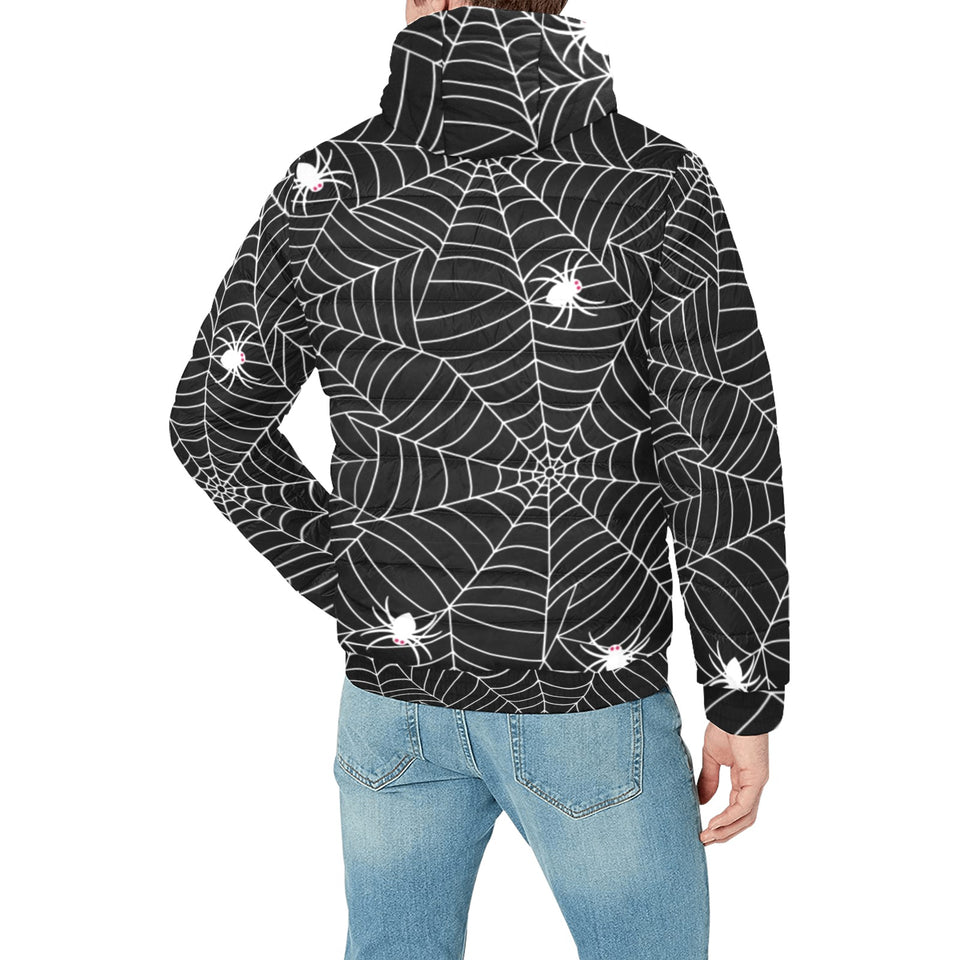 Spider web design pattern Black background white c Men's Padded Hooded Jacket