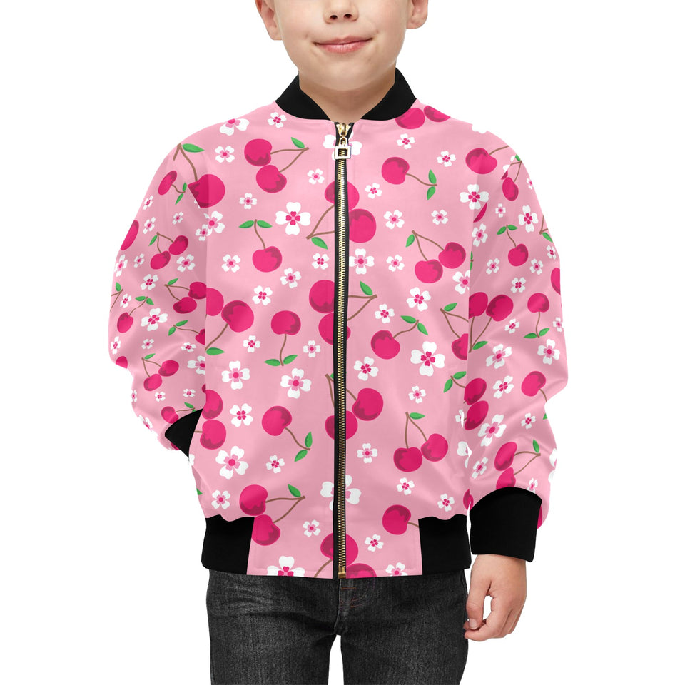 cherry flower pattern pink background Kids' Boys' Girls' Bomber Jacket