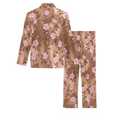 Pink sakura cherry blossom drak brown background Men's Long Pajama Set