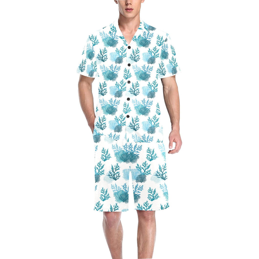 Coral Reef Pattern Print Design 04 Men's V-Neck Short Pajama Set