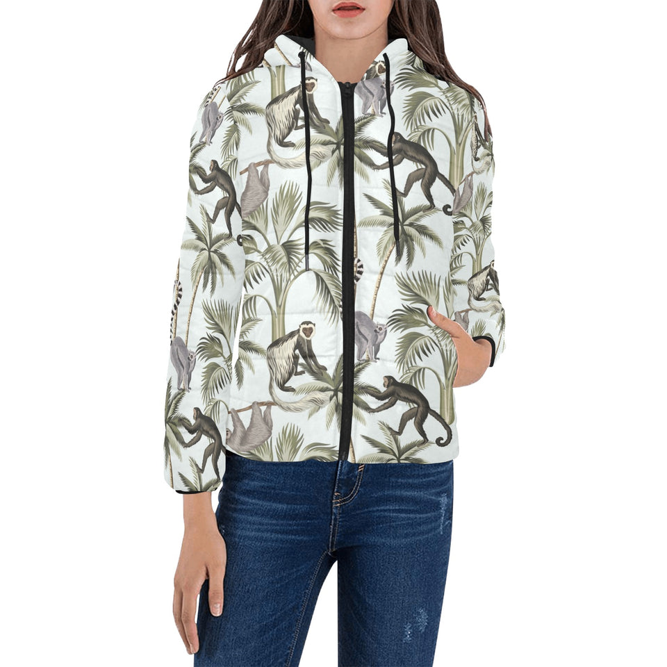 Monkey sloth lemur palm trees pattern Women's Padded Hooded Jacket