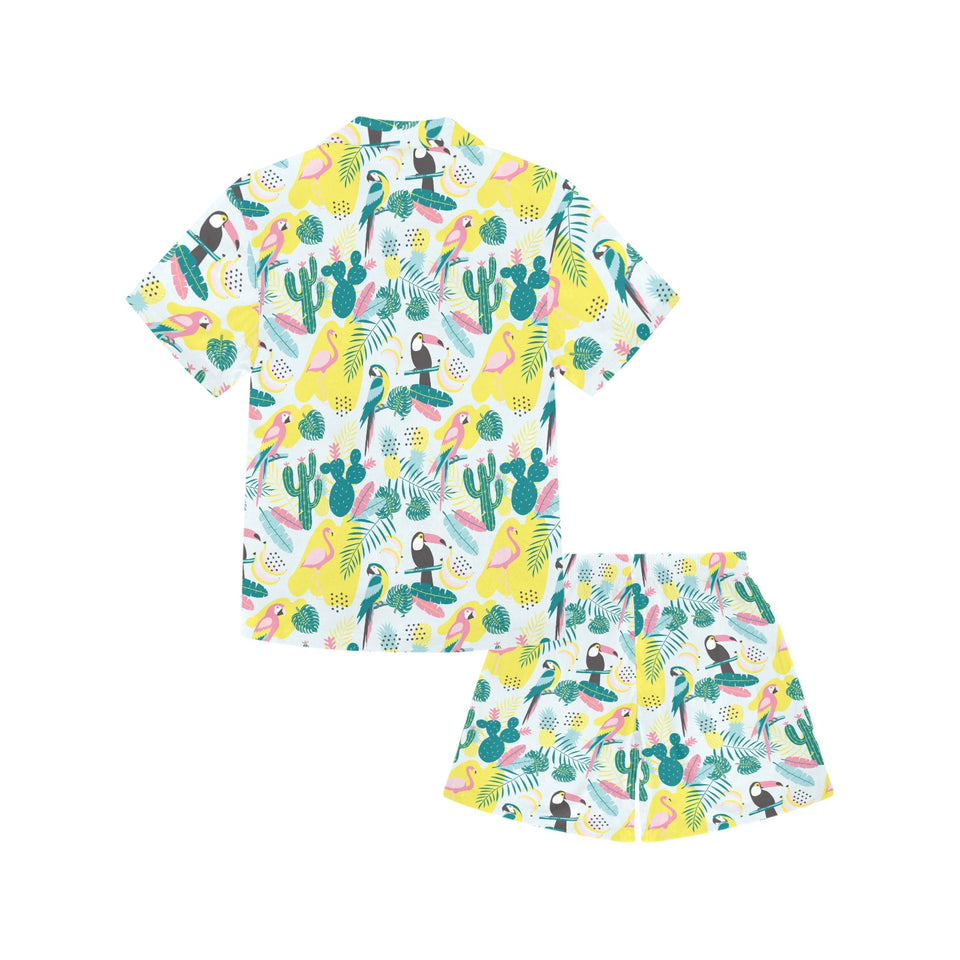 Cute parrot toucan flamingo cactus exotic leaves p Kids' Boys' Girls' V-Neck Short Pajama Set