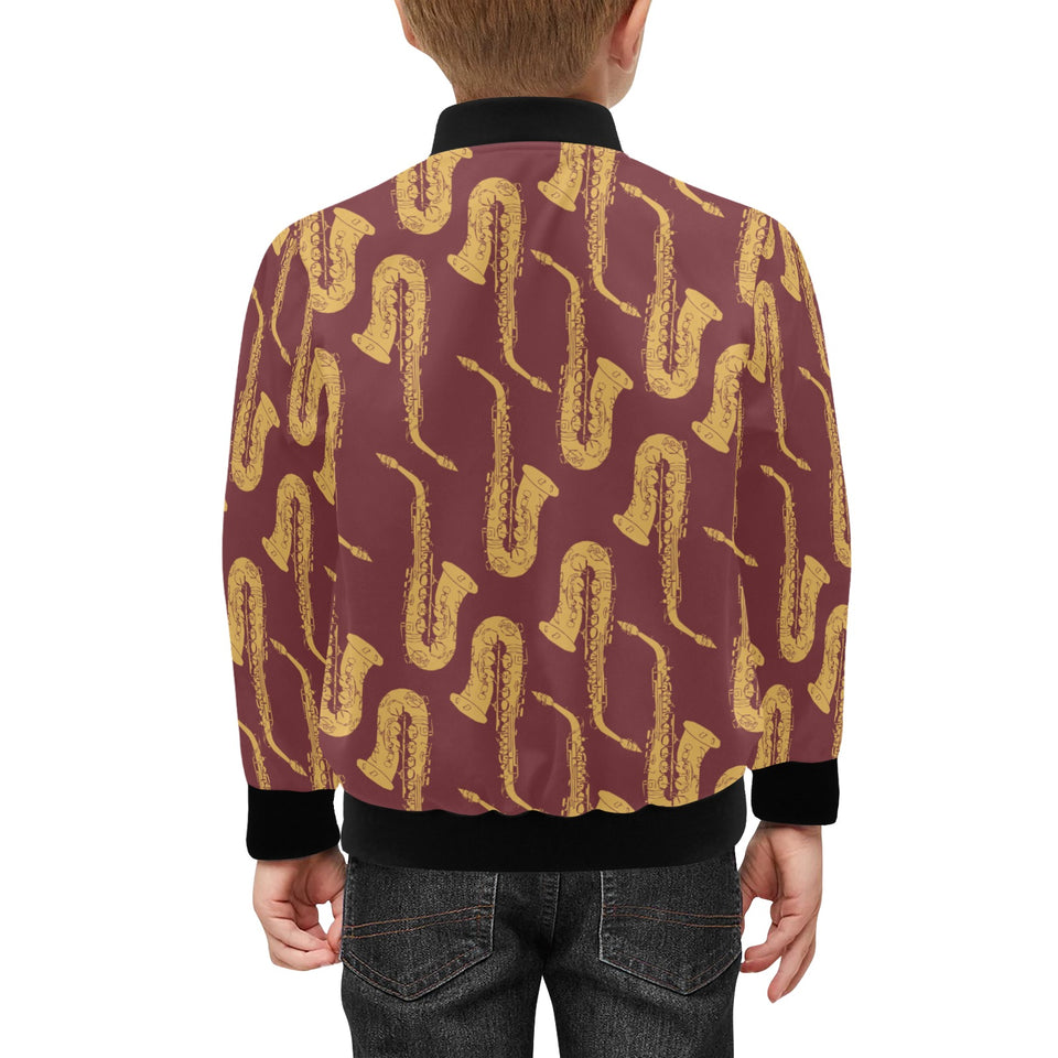 Hand drawn gold saxophone red background Kids' Boys' Girls' Bomber Jacket