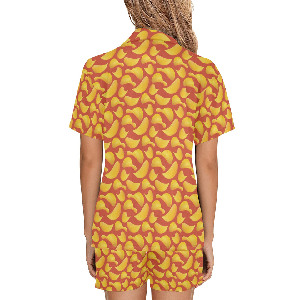 Potato Chips Pattern Print Design 05 Women's V-Neck Short Pajama Set