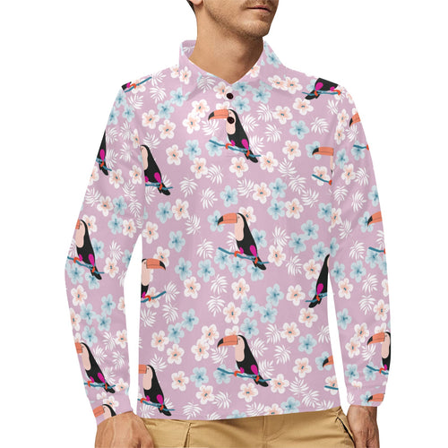 Beautiful toucan flower leaves Men's Long Sleeve Polo Shirt