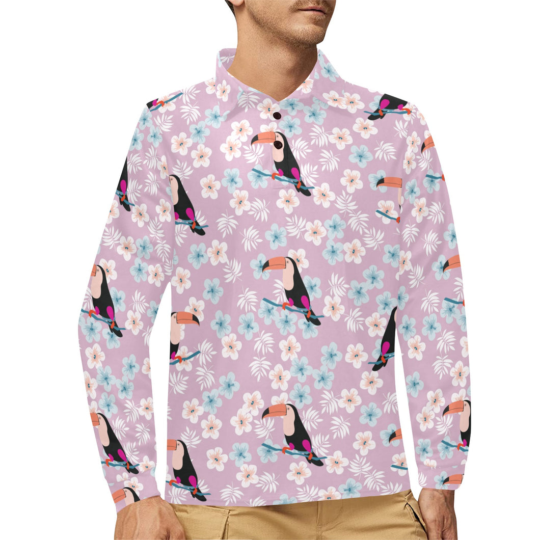 Beautiful toucan flower leaves Men's Long Sleeve Polo Shirt