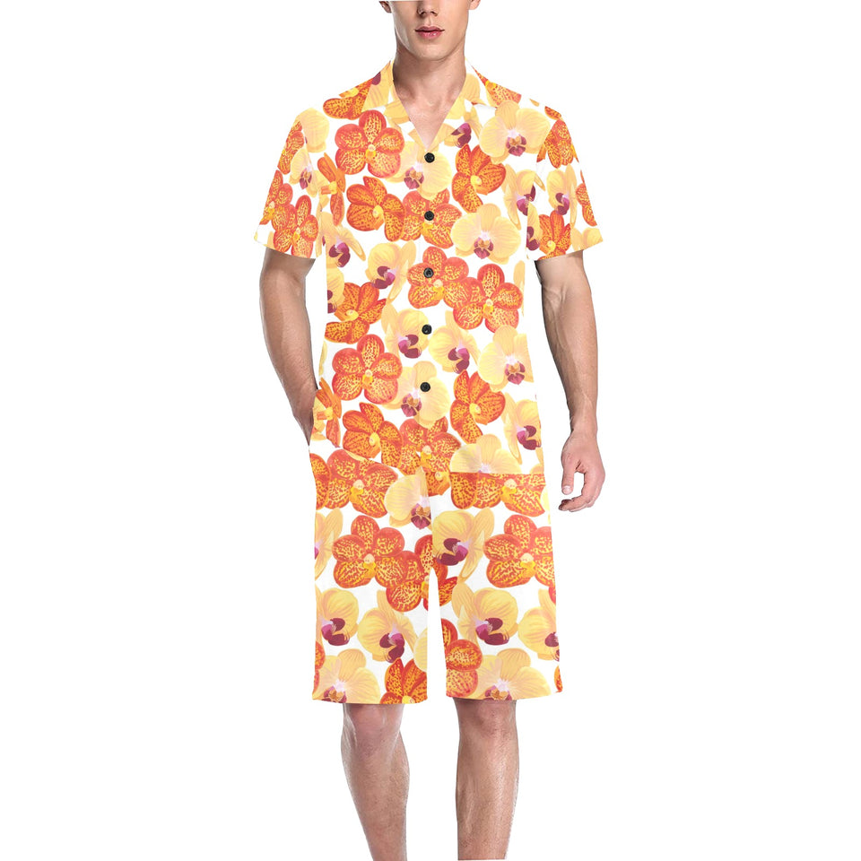 Orange yellow orchid flower pattern background Men's V-Neck Short Pajama Set