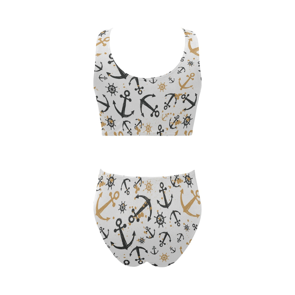Anchors Rudders pattern Chest Bowknot High Waisted Bikini Swimsuit