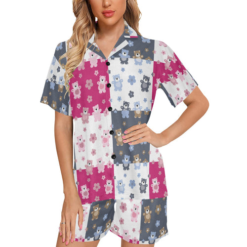 Teddy Bear Pattern Print Design 03 Women's V-Neck Short Pajama Set