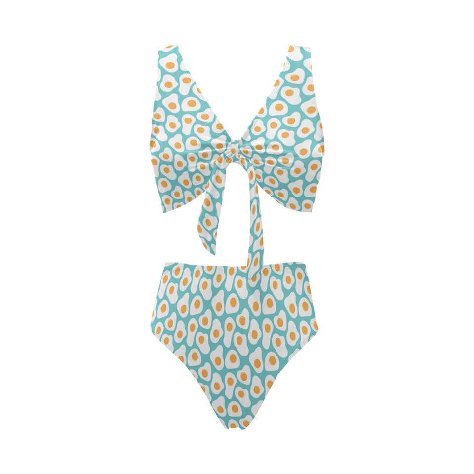 Fried Eggs Pattern Print Design 04 Chest Bowknot High Waisted Bikini Swimsuit
