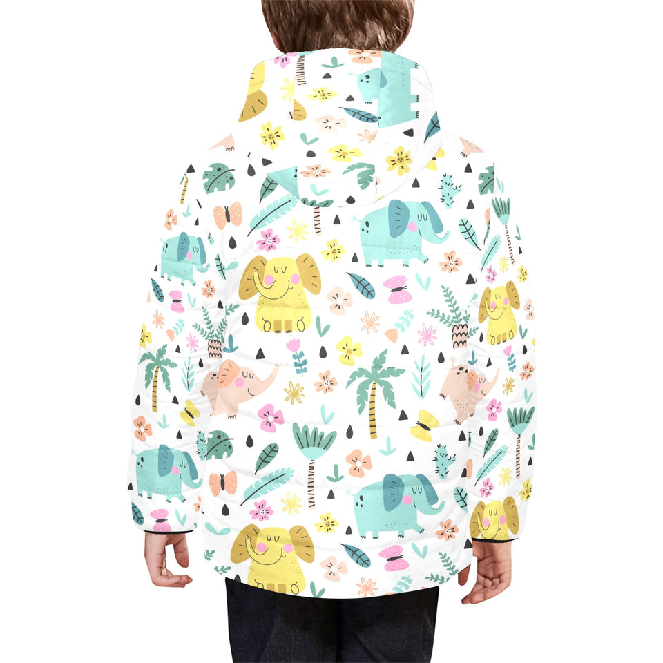 Cute elephants palm tree flower butterfly pattern Kids' Boys' Girls' Padded Hooded Jacket