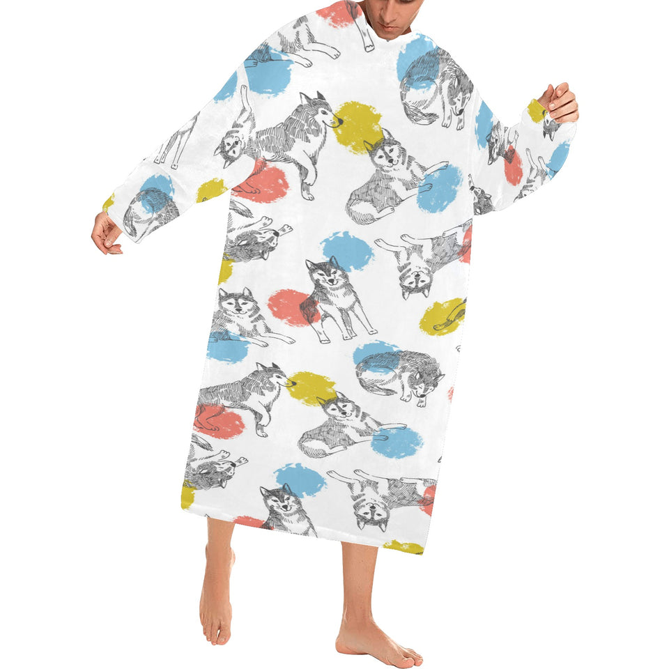 Siberian husky and colorful circle pattern Blanket Robe with Sleeves