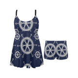 nautical steering wheel design pattern Chest Sexy Pleated Two Piece Swim Dress