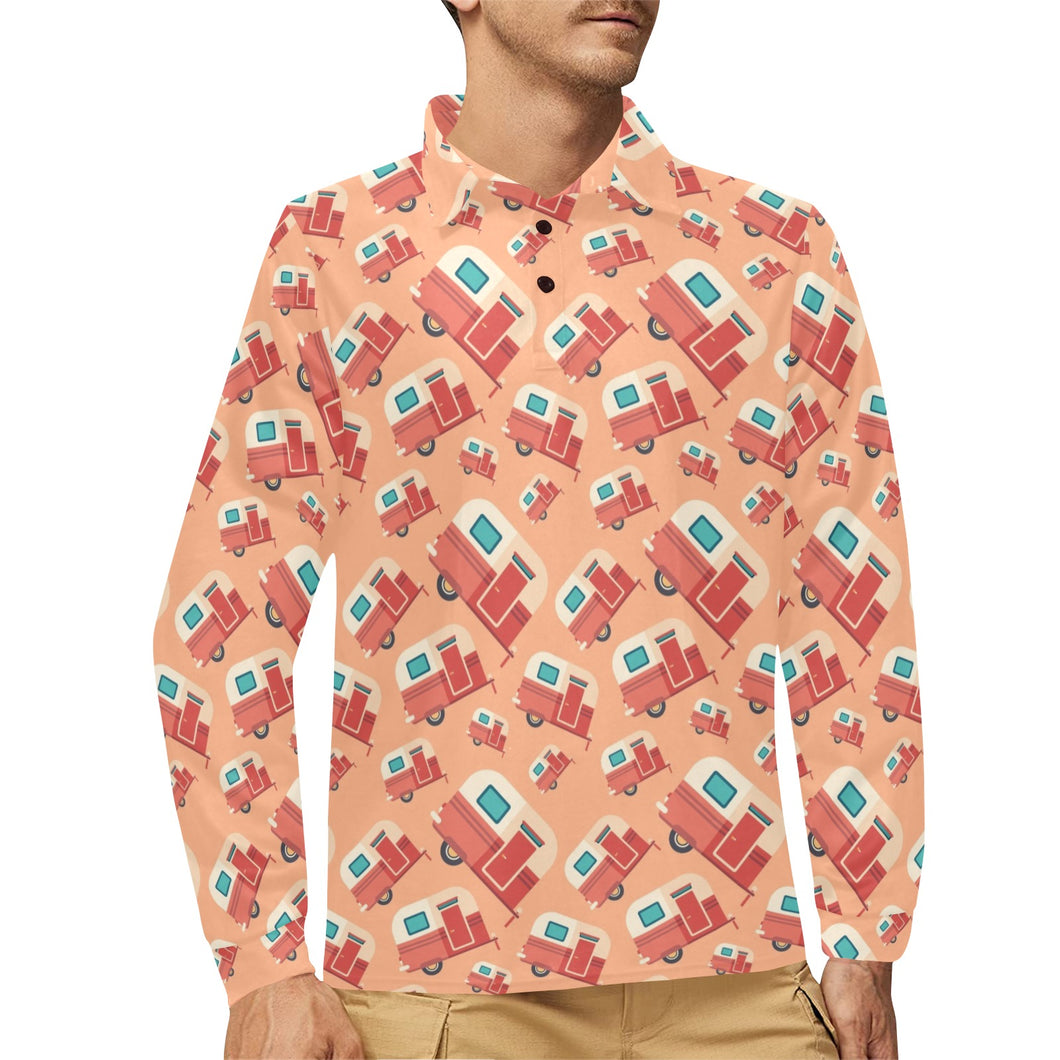 Camper Van Pattern Print Design 03 Men's Long Sleeve Polo Shirt