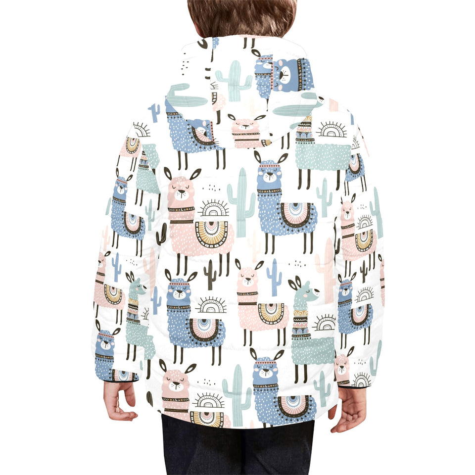 lama Alpaca cactus hand drawn pattern Kids' Boys' Girls' Padded Hooded Jacket
