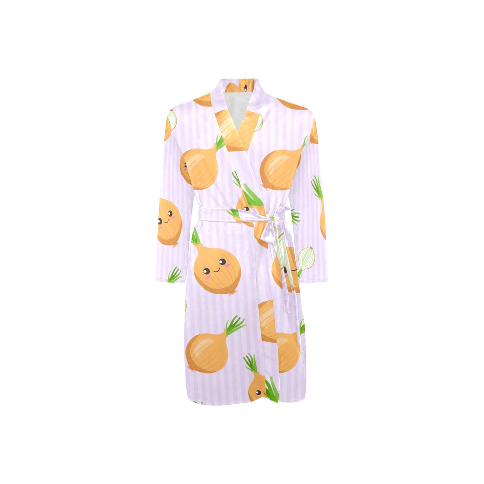 cute onions smiling faces purple background Men's Long Sleeve Belted Night Robe