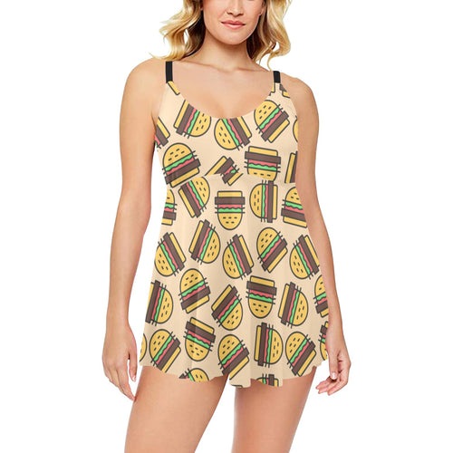 Hamburger Pattern Print Design 01 Chest Sexy Pleated Two Piece Swim Dress
