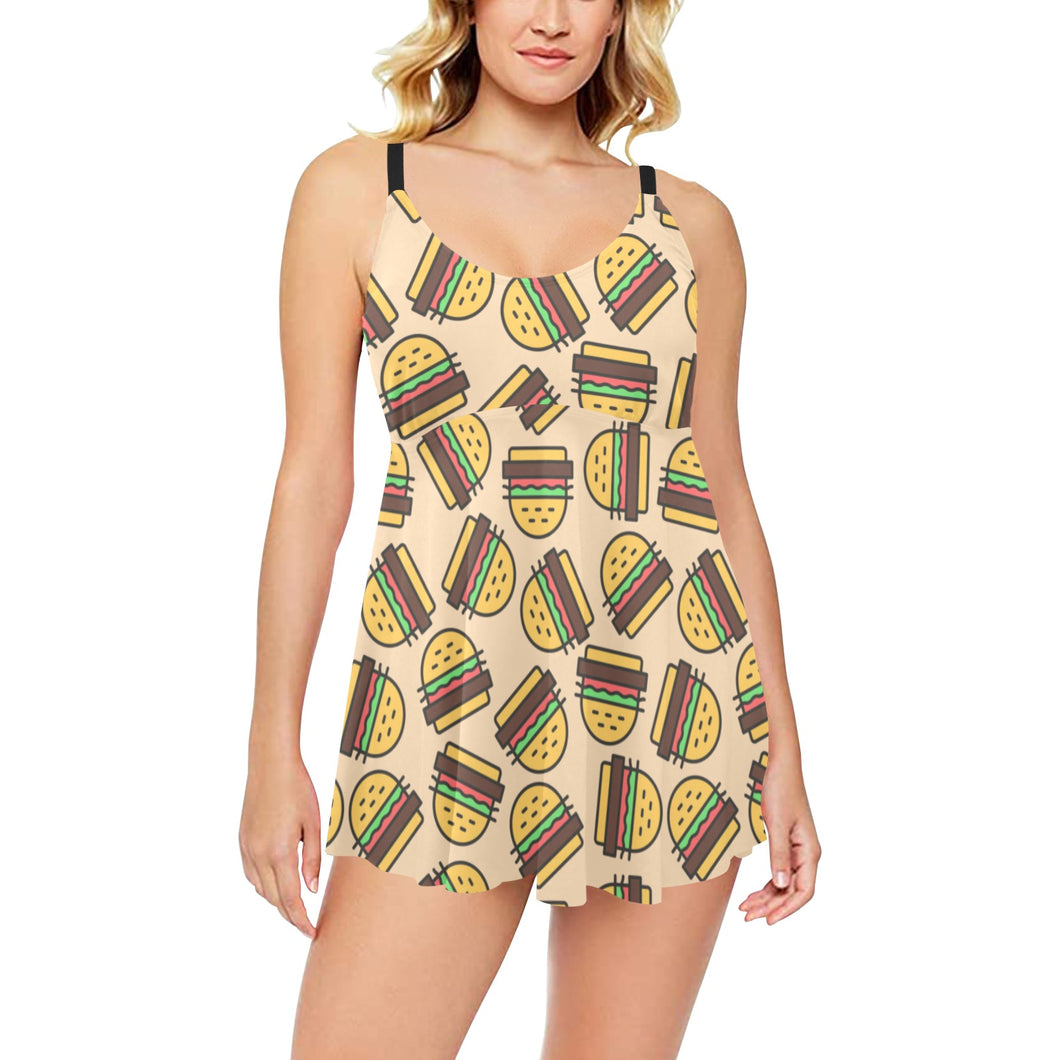 Hamburger Pattern Print Design 01 Chest Sexy Pleated Two Piece Swim Dress