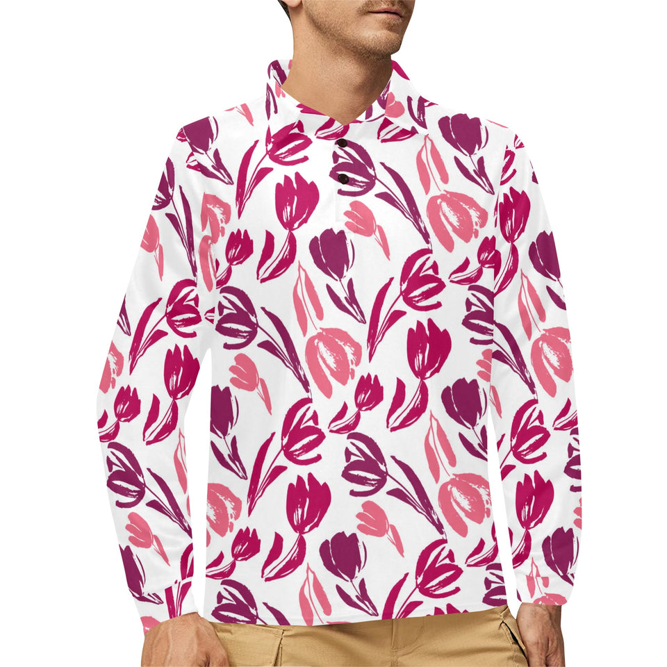 pink sketch tulip pattern Men's Long Sleeve Polo Shirt