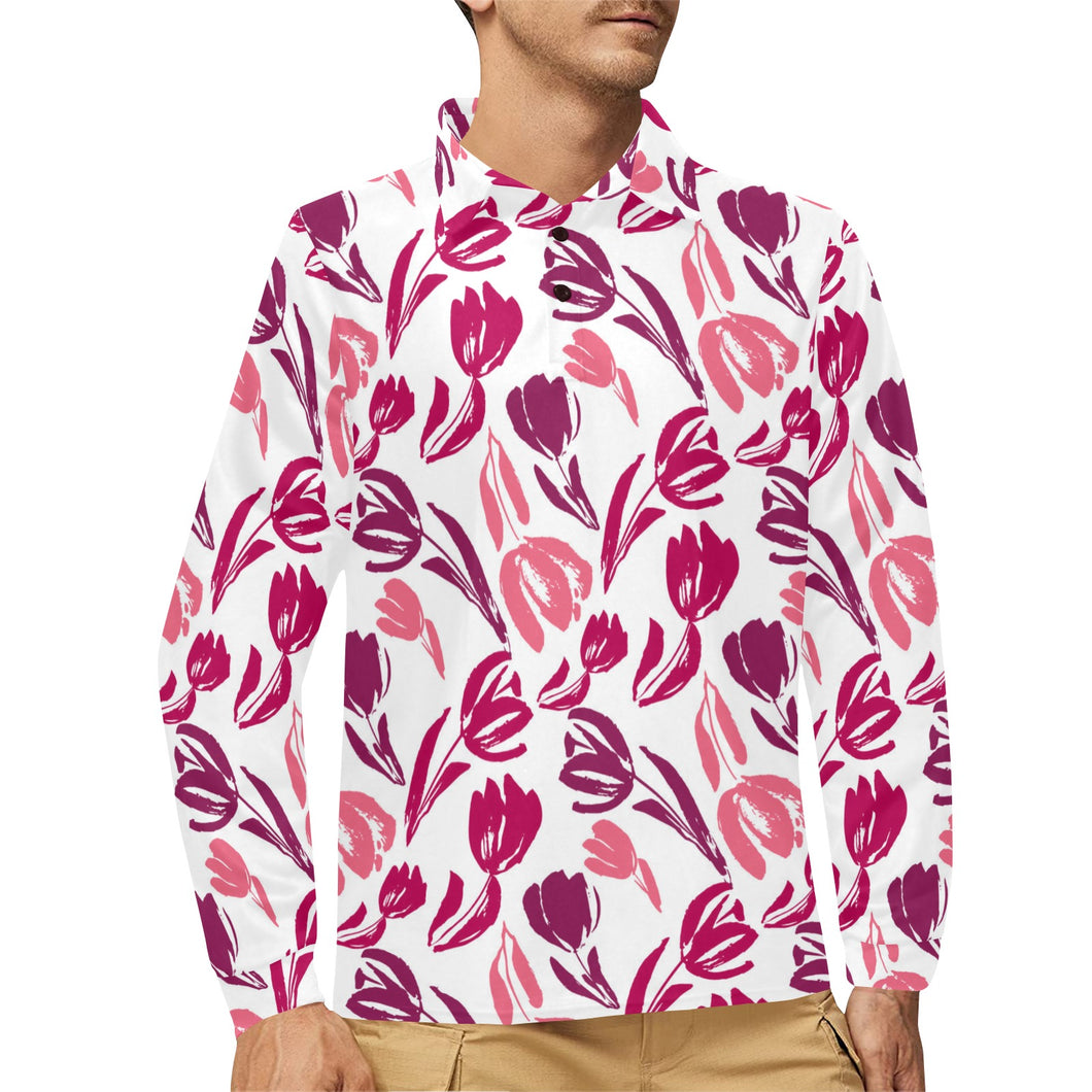 pink sketch tulip pattern Men's Long Sleeve Polo Shirt