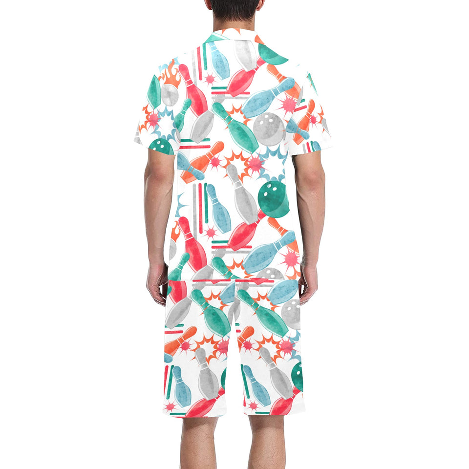 Watercolor bowling pattern Men's V-Neck Short Pajama Set
