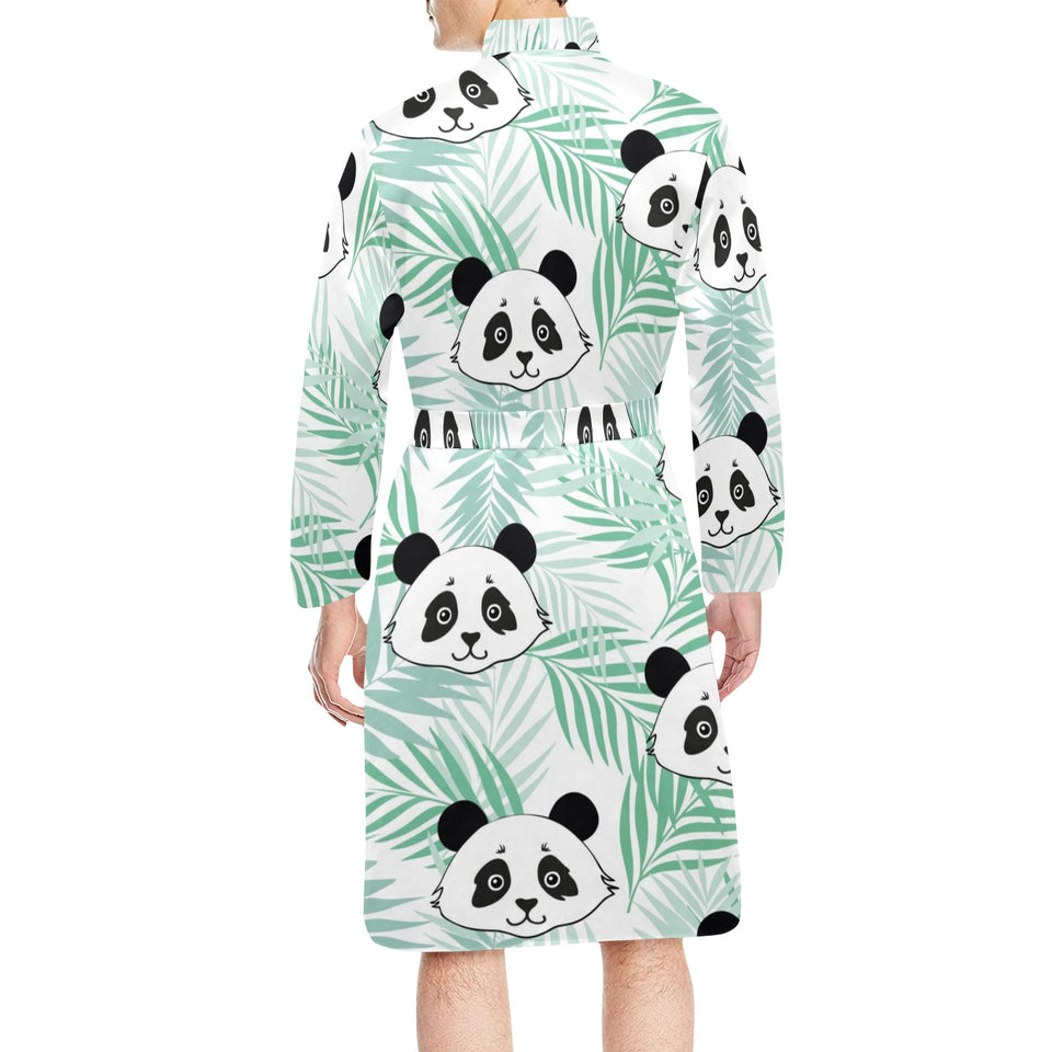 Panda pattern tropical leaves background Men's Long Sleeve Belted Night Robe
