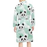 Panda pattern tropical leaves background Men's Long Sleeve Belted Night Robe