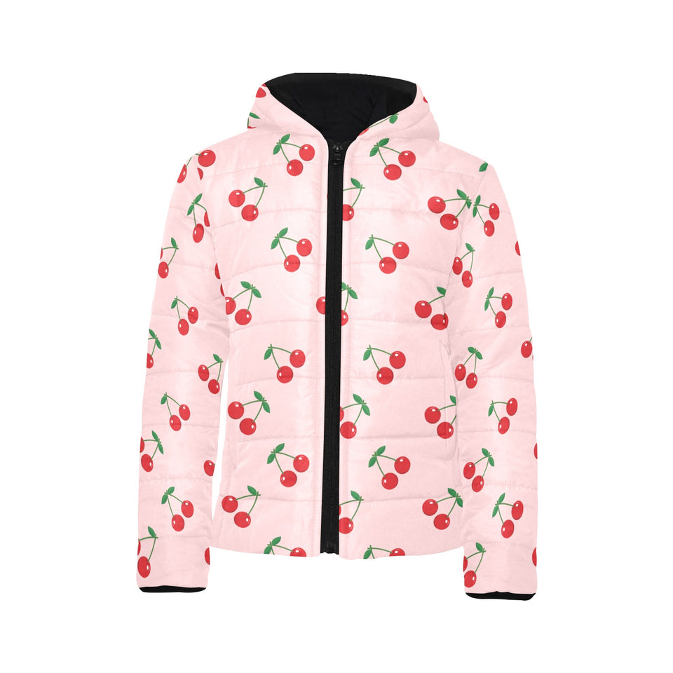 cherry pattern pink background Kids' Boys' Girls' Padded Hooded Jacket