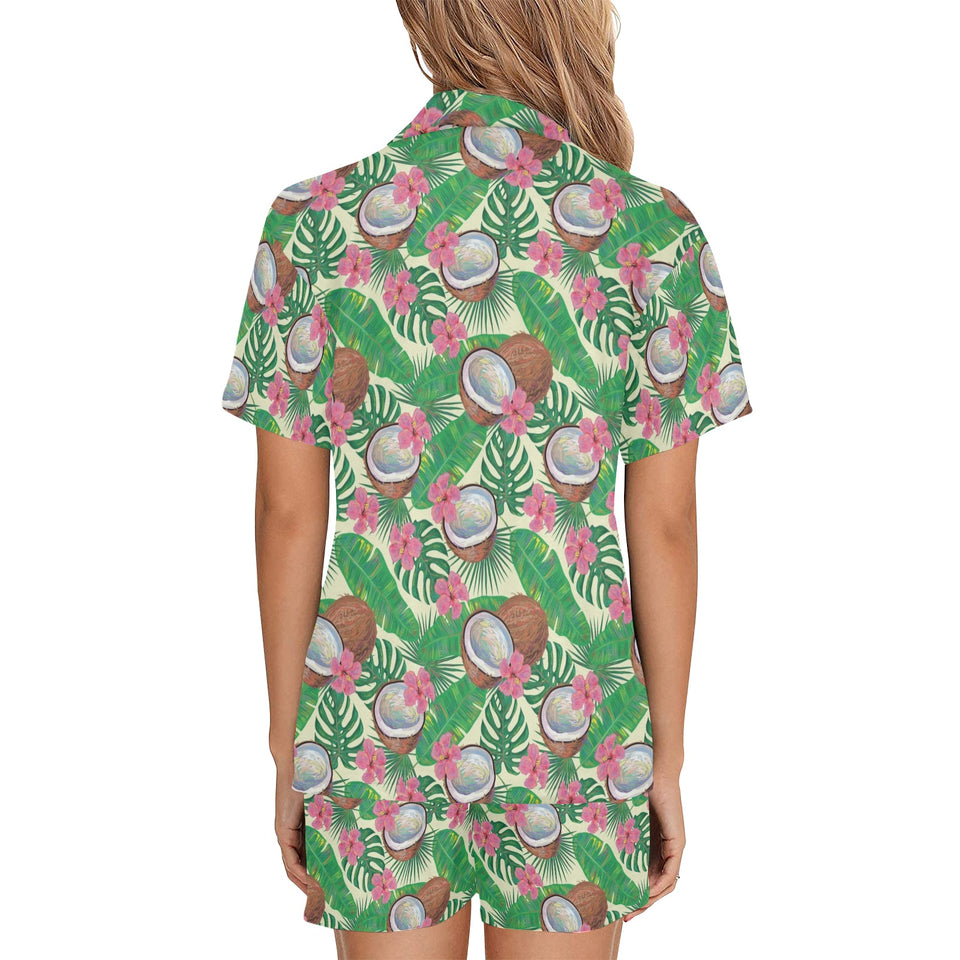 Coconut Pattern Print Design 01 Women's V-Neck Short Pajama Set