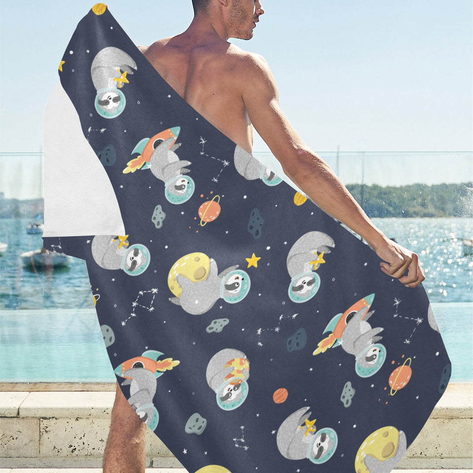 Cute sloth astronaut star planet rocket pattern Beach Towel