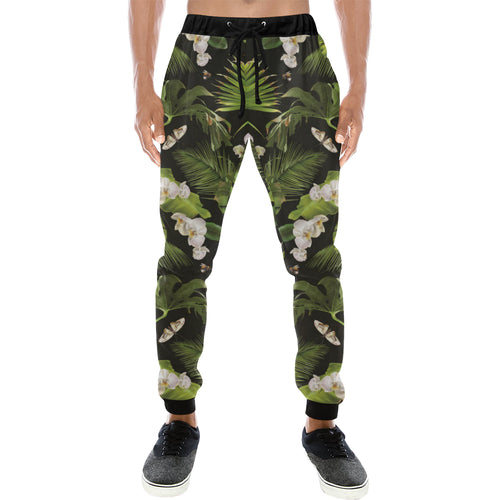 White orchid flower tropical leaves pattern blackg Unisex Casual Sweatpants