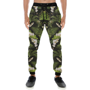 White orchid flower tropical leaves pattern blackg Unisex Casual Sweatpants