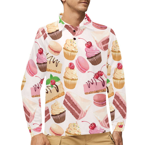 Cake cupcake sweets pattern Men's Long Sleeve Polo Shirt