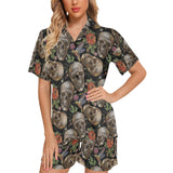 Skull rose humming bird flower pattern Women's V-Neck Short Pajama Set