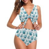 Coral Reef Pattern Print Design 04 Chest Bowknot High Waisted Bikini Swimsuit