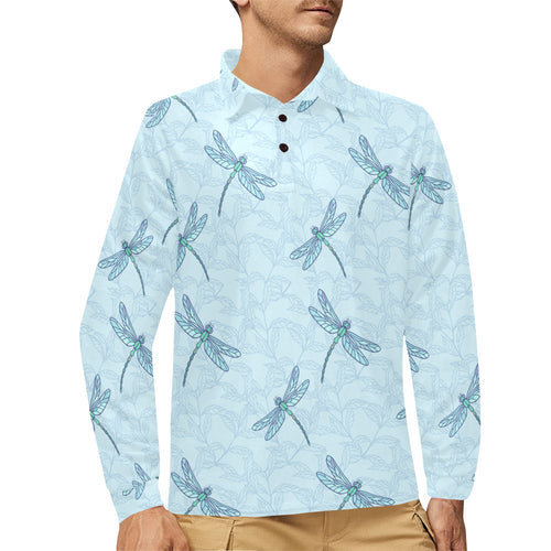Dragonfly pattern blue background Men's Long Sleeve Polo Shirt
