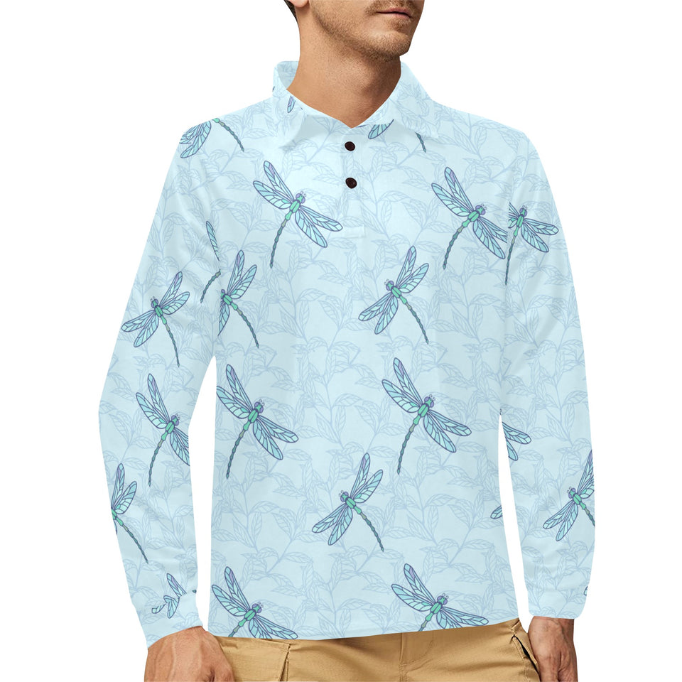 Dragonfly pattern blue background Men's Long Sleeve Polo Shirt