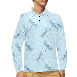 Dragonfly pattern blue background Men's Long Sleeve Polo Shirt