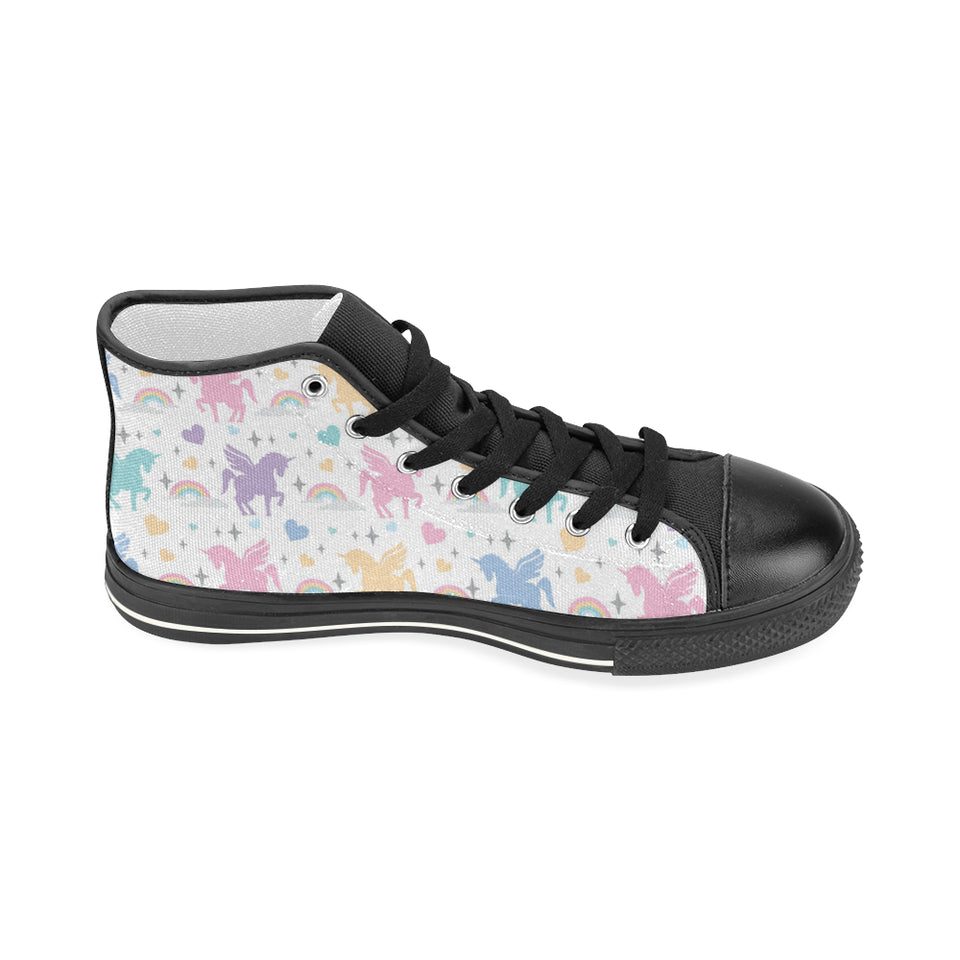 colorful unicorn rainbow heart pattern Women's High Top Canvas Shoes Black