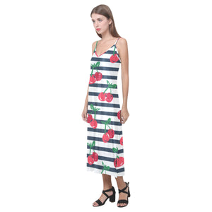 Hand drawn cherry pattern striped background V-Neck Open Fork Long Dress