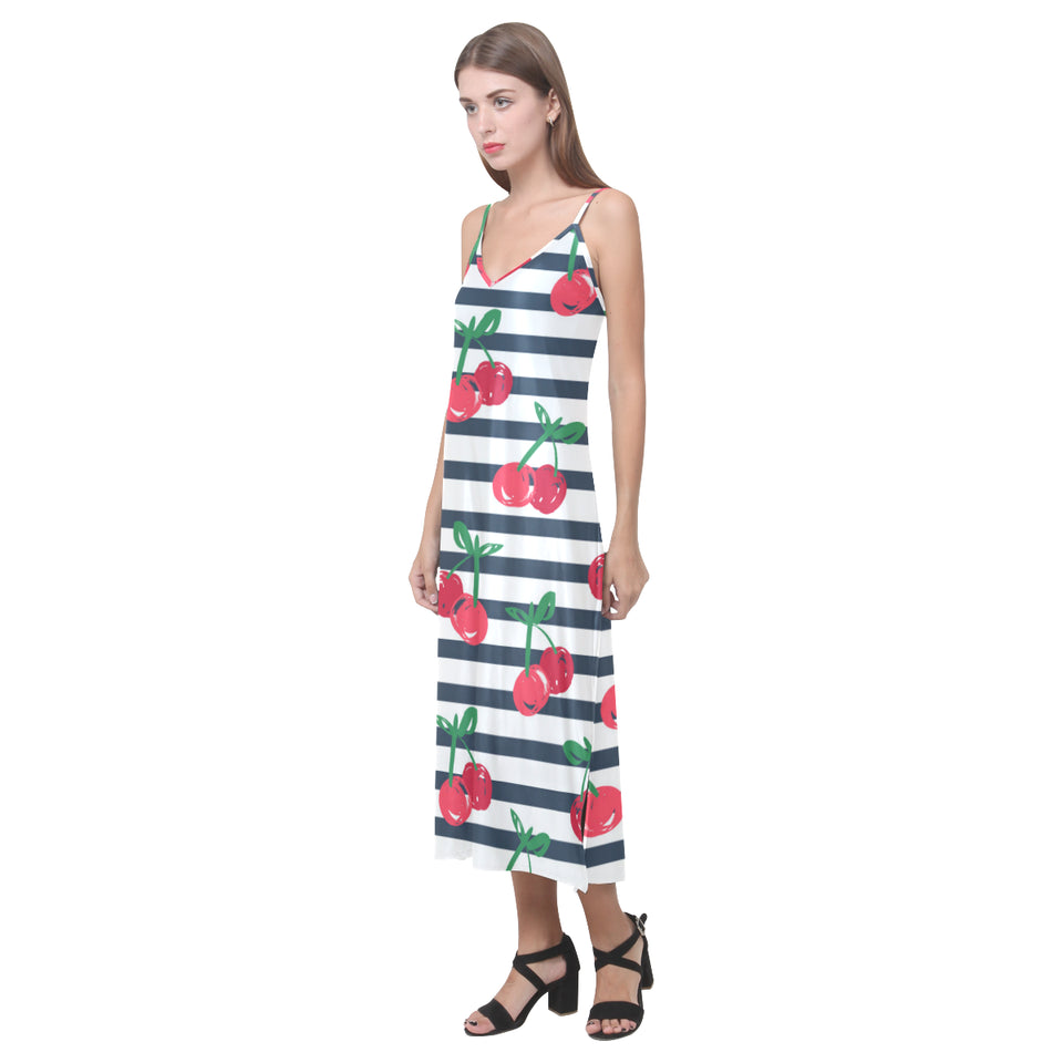 Hand drawn cherry pattern striped background V-Neck Open Fork Long Dress