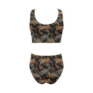 Chameleon lizard tropical leaves palm tree Chest Bowknot High Waisted Bikini Swimsuit