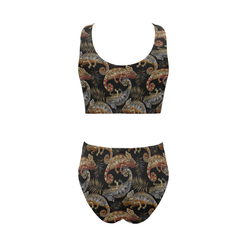 Chameleon lizard tropical leaves palm tree Chest Bowknot High Waisted Bikini Swimsuit