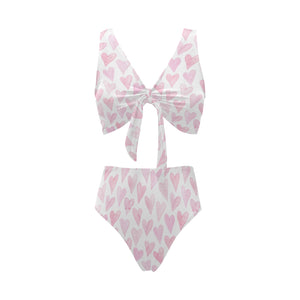 Watercolor pink heart pattern Chest Bowknot High Waisted Bikini Swimsuit