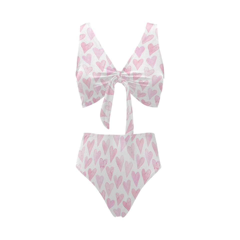 Watercolor pink heart pattern Chest Bowknot High Waisted Bikini Swimsuit