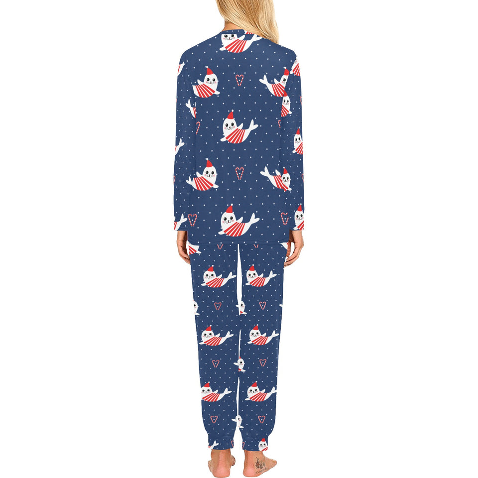 Cute sea lion seal christmas hat candy cane heart Women's All Over Print Pajama Set