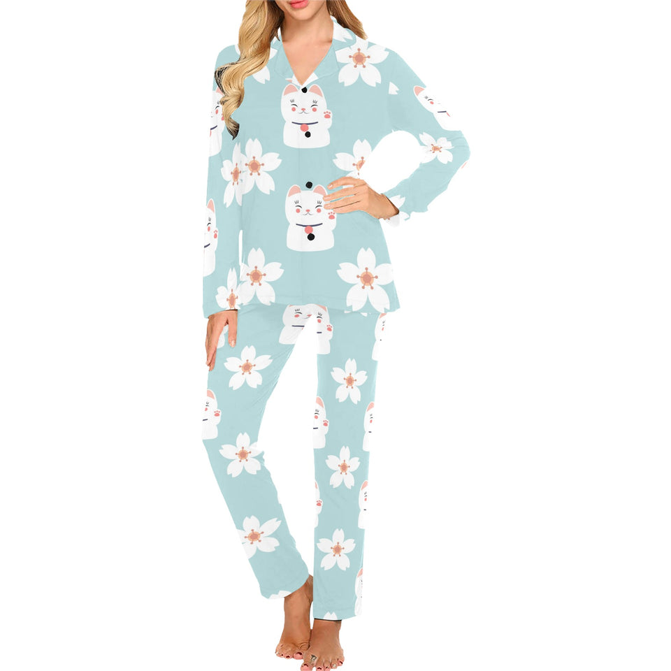 Maneki neko cat sakura Women's Long Pajama Set