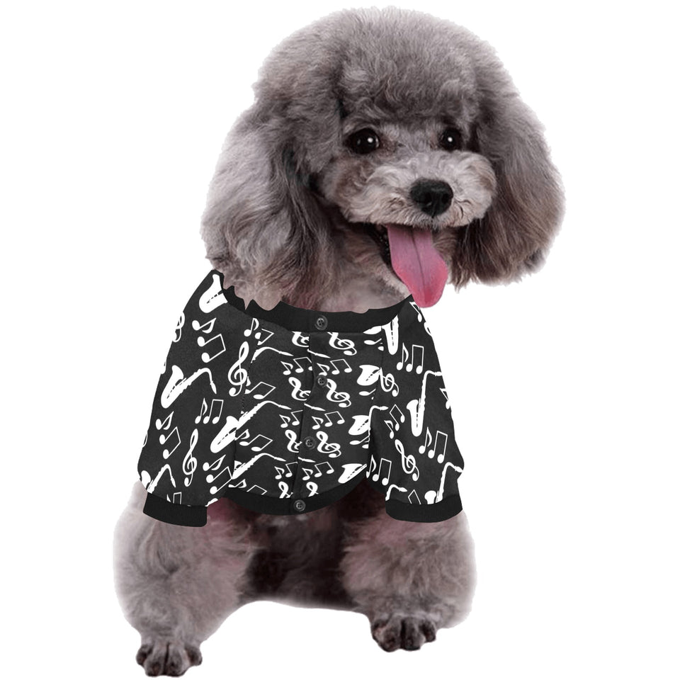 Saxophone music notes treble clef black white them All Over Print Pet Dog Round Neck Fuzzy Shirt