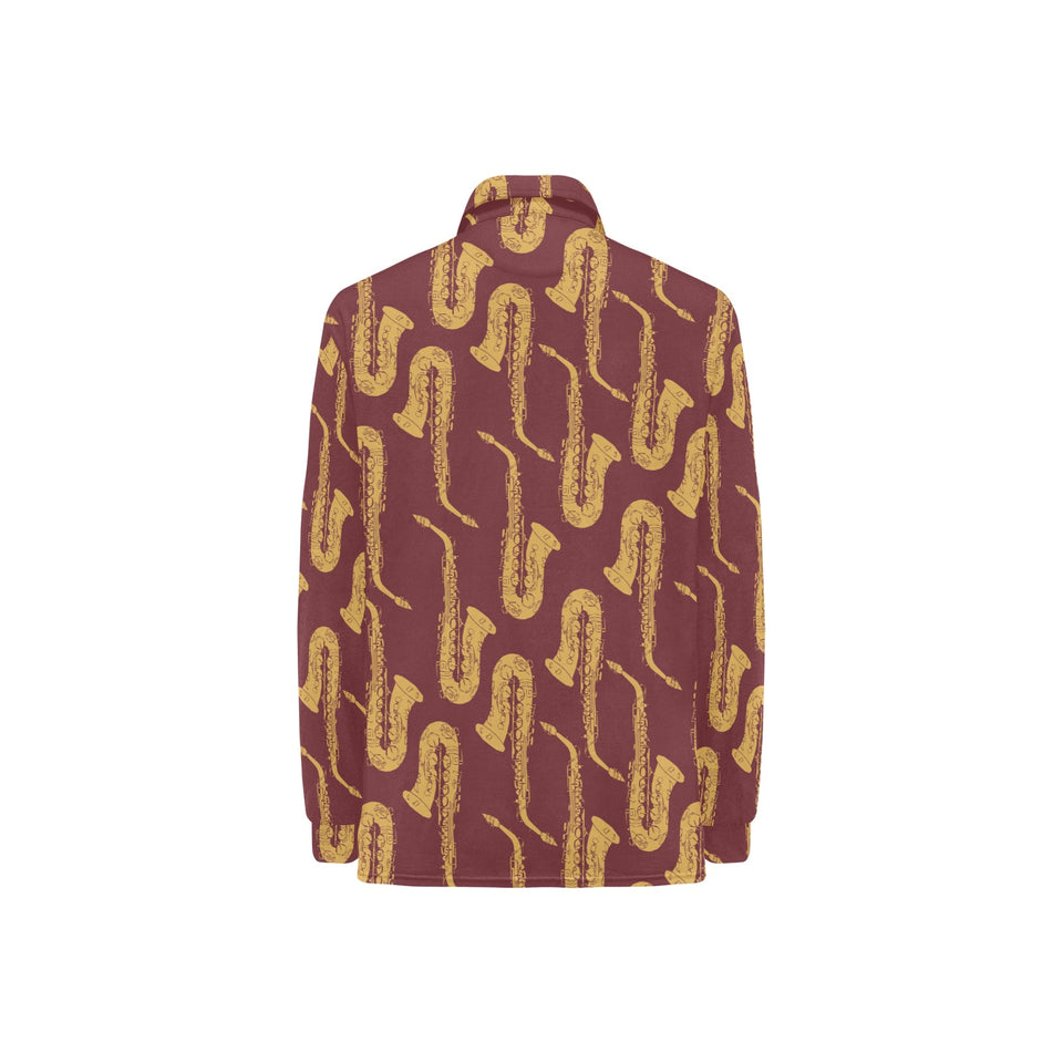 Hand drawn gold saxophone red background Women's Long Sleeve Polo Shirt